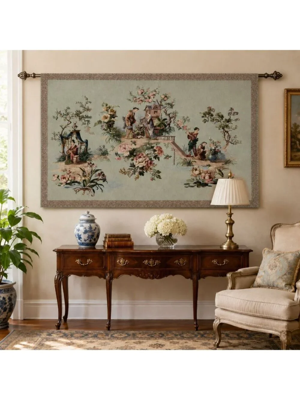 Asian Garden Chinoiserie Grande Tapestry Wall Hanging 53x35 Floral Decor
